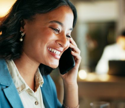 Phone call, smile and night with business woman at computer for planning, networking and digital ma